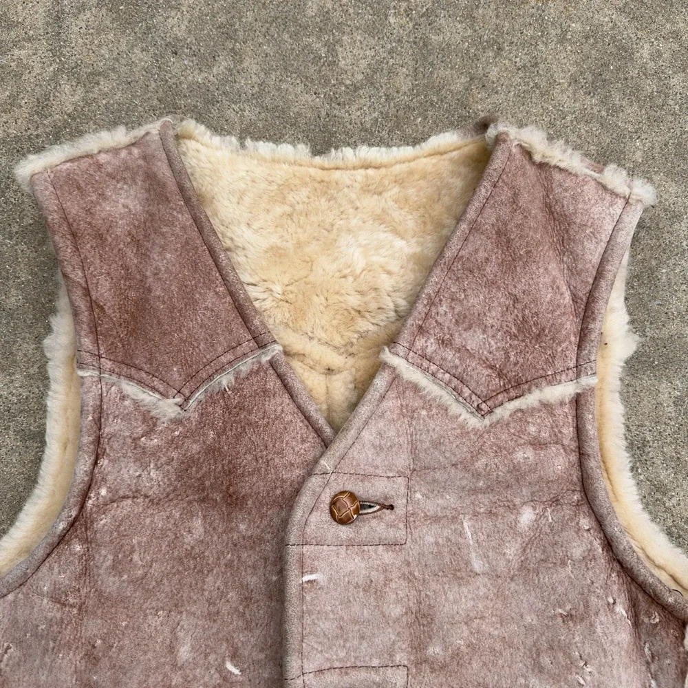 VTG 1980s Schott Vest Mouton Leather Shearling Sheepskin Brown Mens Size 42 USA